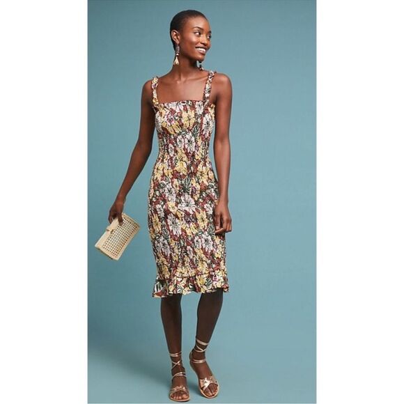 Faithfull The Brand Anthropologie Maya Midi Smocked Dress Brown‎ Floral Sz 2 - Picture 3 of 13